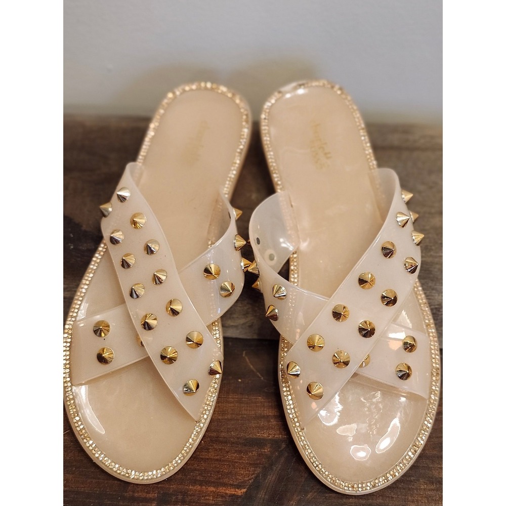Charlotte‎ Russe Nude Jelly Studded Cross-Strap Slide Sandals - Size 9